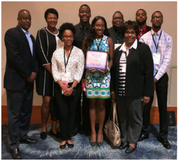 Left to Right: Front Row – Malika Wood (Biology), Isis Thomas (Chemistry) and Mrs. Shelia Spence. Back Row – Dr. Mark Melton, Khadijah Payne (Biology), Kashawn Robertson (Chemistry), Dr. Tyrell Carr, Dequante McKoy (Engineering Mathematics) and Tevin Williams (Biology).